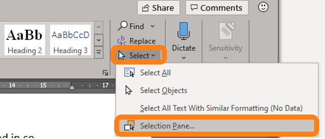 Selection Panel in the ribbon of Office documents