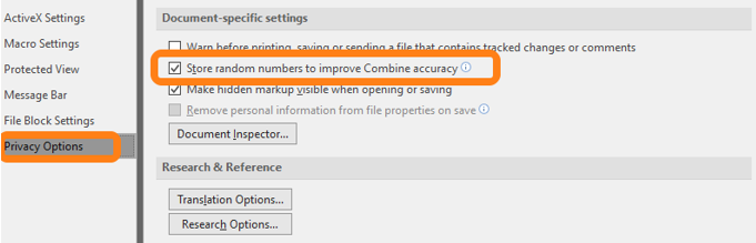Select 'Store random numbers to improve Combine accuracy' to help troubleshoot co-authoring issues