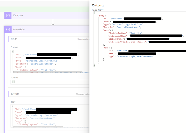 Screenshot of Power Automate workflow Parse JSON outputs for debugging
