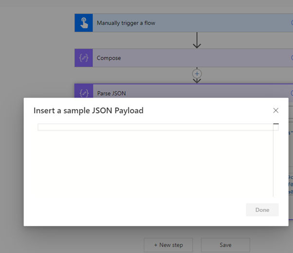 Screenshot of Power Automate workflow Insert a sample JSON Payload window