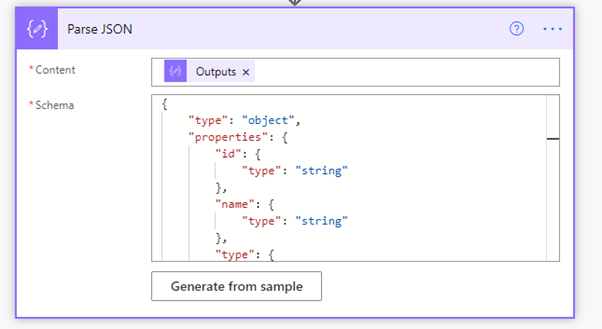 Screenshot of Power Automate Parse JSON outputs