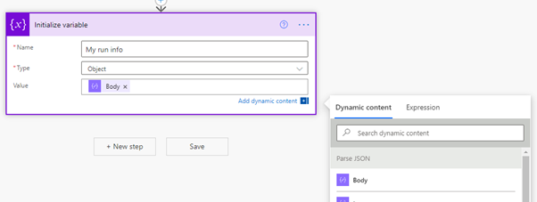 Screenshot of Power Automate workflow Initialise variable details