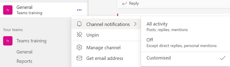 Microsoft Team Channel notifications settings