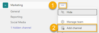 To create a shared channel in Microsoft Teams, click the ellipses (three dots) next to the selected host team name and select ‘Add channel’