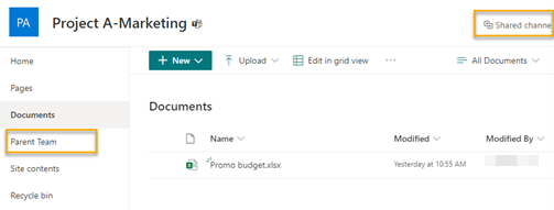 Screenshot MS SharePoint - Shared channel icon