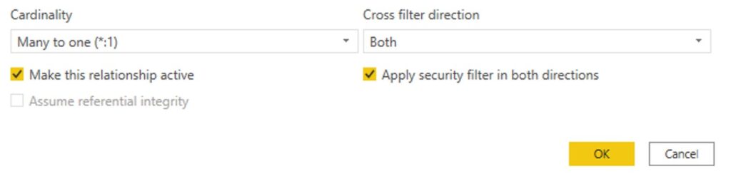 Image of Power BI data model relationship cardinality and cross filter properties for the employee table and manager / employee bridge table