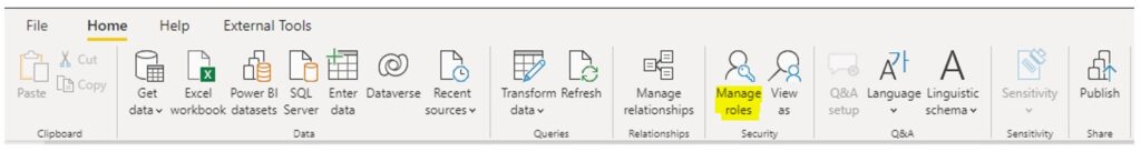 Power BI Home Ribbon highlighting access to Manage roles option