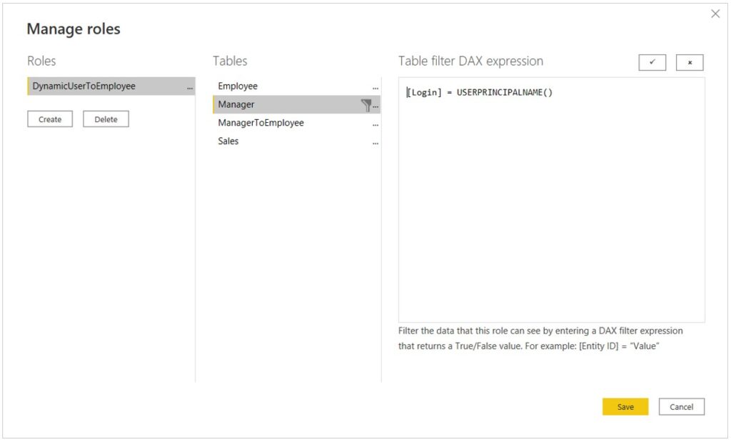 Image of DAX filter expression entry applied to the Manager table creating a row level security role labelled “DynamicUserToEmployee”