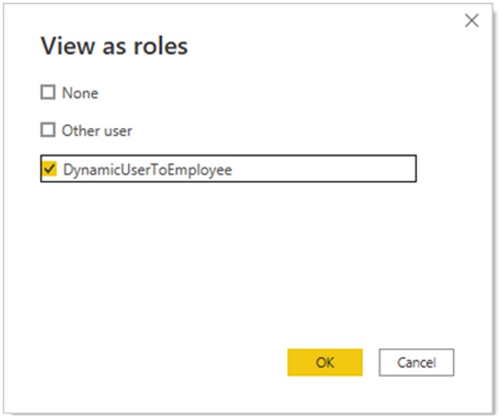 Image of Power BI ‘View as roles’ selection form highlighting selected row level security role “DynamicUserToEmployee”