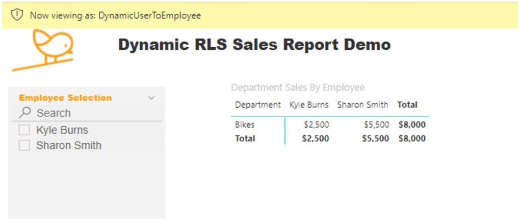 Image of Power BI sales report containing table of department sales by employee with employee filter and applied row level security role of “DynamicUserToEmployee”
